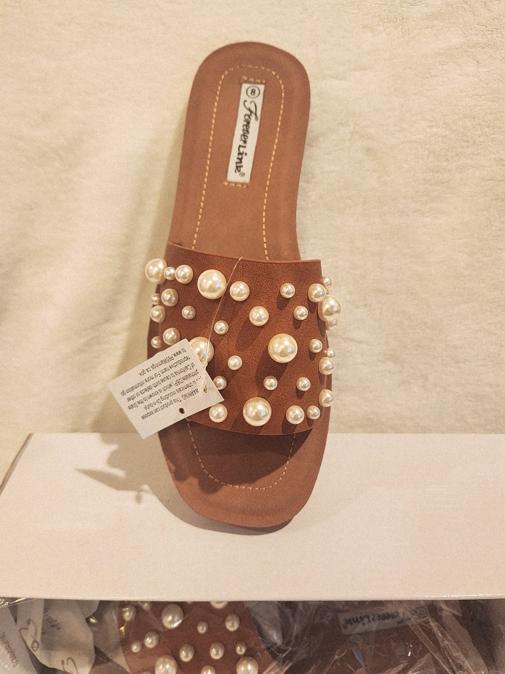 Forever Link Tan Slide Sandal with Pearl Stud Accents
